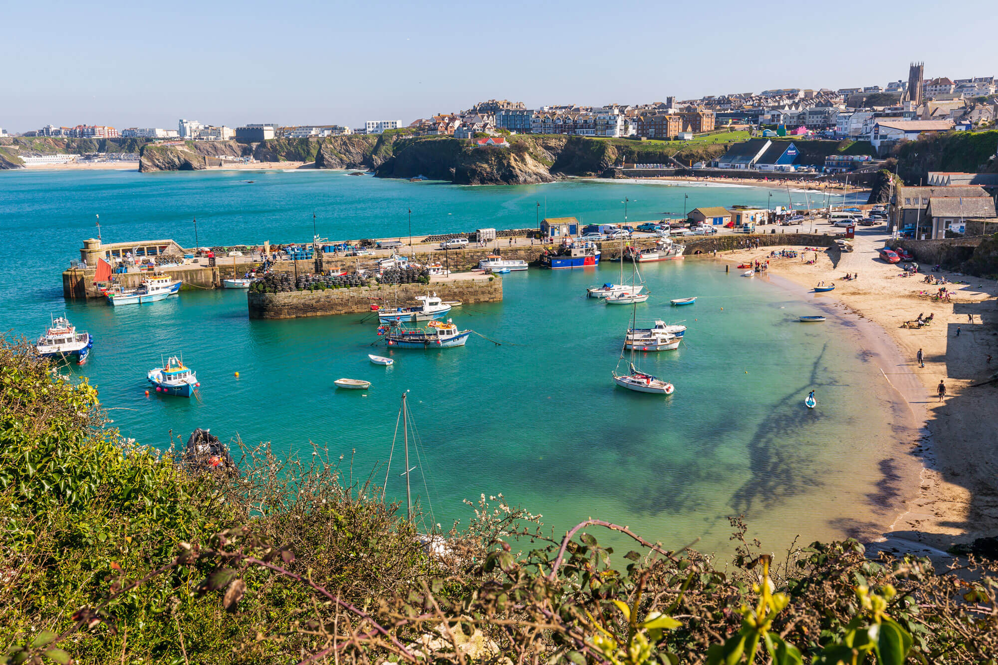 Newquay Harbour with a panoramic view of Newquay town